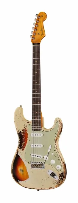 Fender 61 Strat SHR Aged V White 3TSB z bliska od przodu