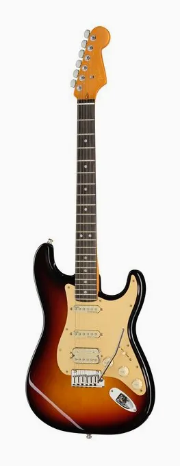 Fender Am Ultra II Strat HSS EB UBST ujęta od przodu na neutralnym tle