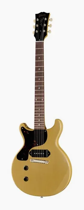 Gibson LP Junior 58 DC TVY VOS LH ujęta od przodu na neutralnym tle
