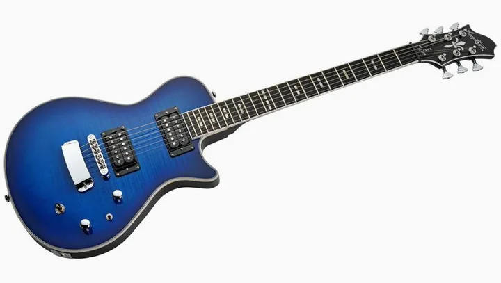 Hagstrom Ultra Swede Worn Denim Burst, główka z kluczami i logo