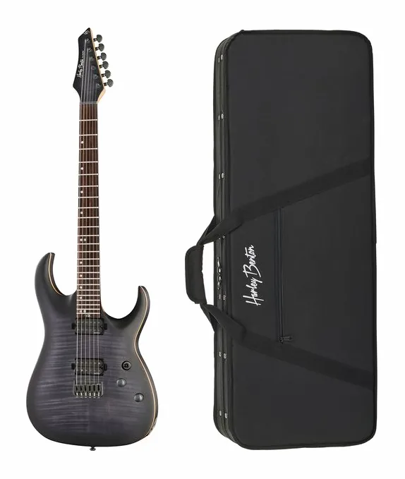 Harley Benton Amarok-6 BKNT Flame Bur w/Case widziana od przodu