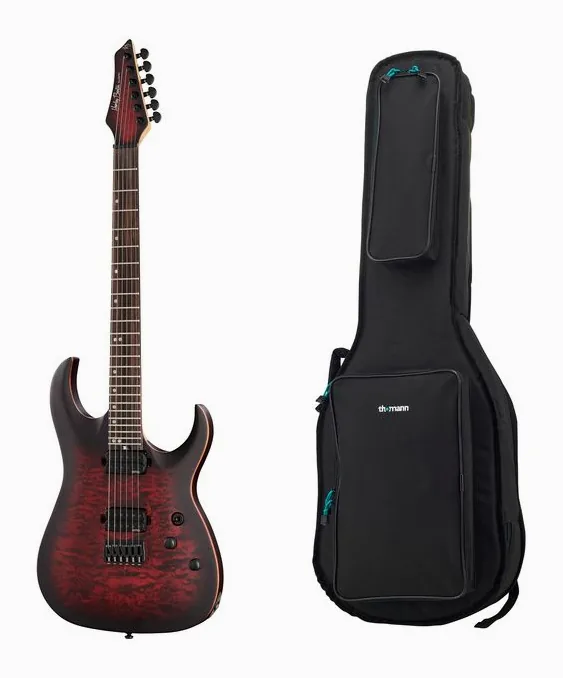 Harley Benton Amarok-6 BKRD Quilted B w/Bag z bliska od przodu