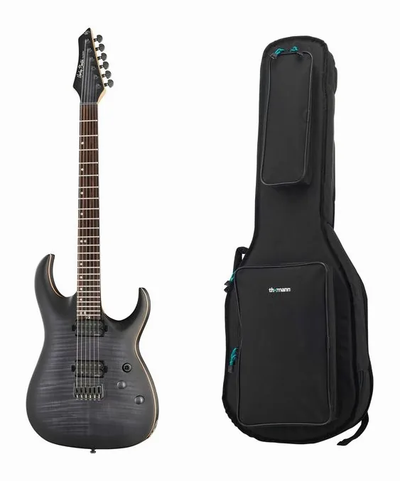 Harley Benton Amarok-6 BKNT Flame Bur w/Bag ujęta od przodu na neutralnym tle