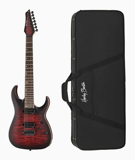 Harley Benton Amarok-7 BKRD Quilted B w/Case widziana od przodu