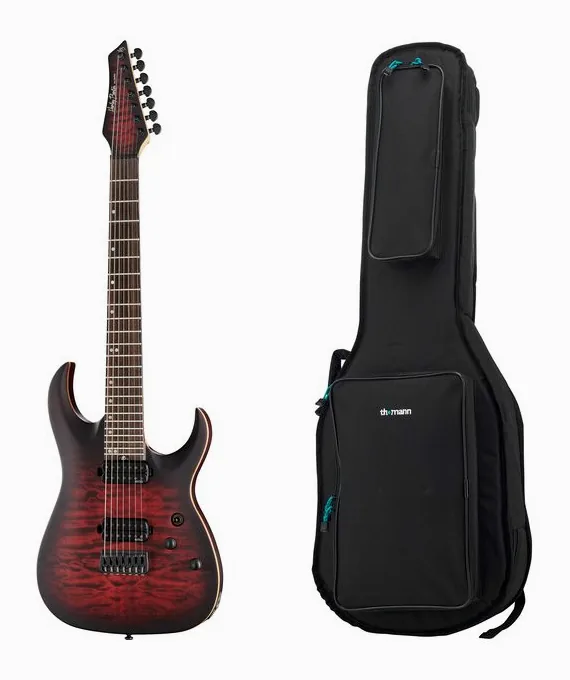 Harley Benton Amarok-7 BKRD Quilted w/Bag widziana od przodu