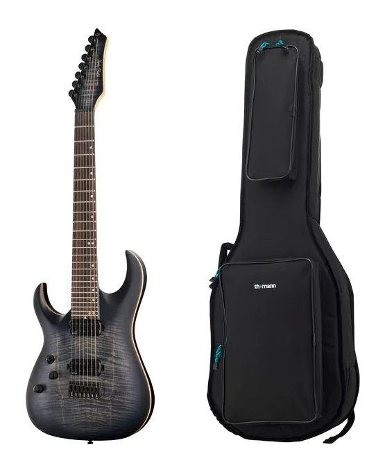 Harley Benton Amarok 7 LH BKNT Flame w/Bag widziana od przodu