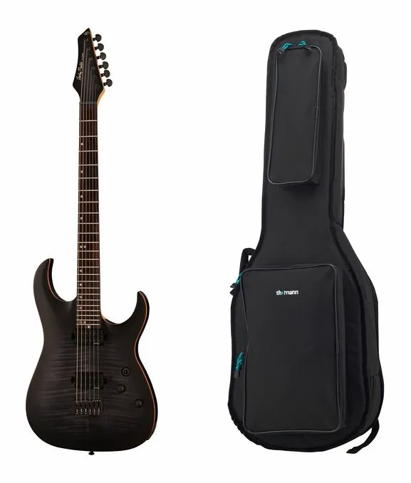 Harley Benton Amarok-BT BKNT Flame Bu w/Bag widziana od przodu