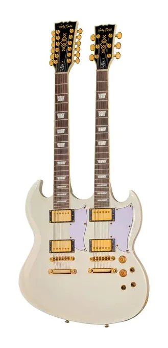 Harley Benton DC-Custom II 612 White sfotografowana frontalnie
