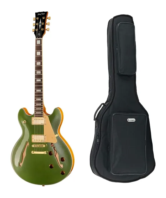 Harley Benton HB-35Plus Metallic Gree w/Bag widziana od przodu