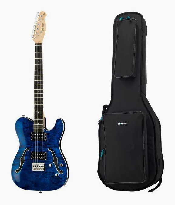 Harley Benton TE-90QM HH Trans Blue w/Bag sfotografowana frontalnie