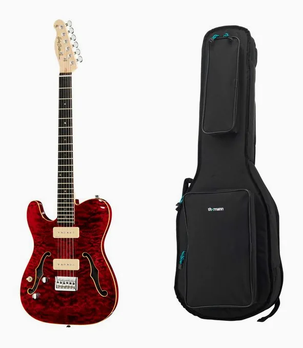Harley Benton TE-90QM LH Trans Red w/Bag ujęta od przodu na neutralnym tle