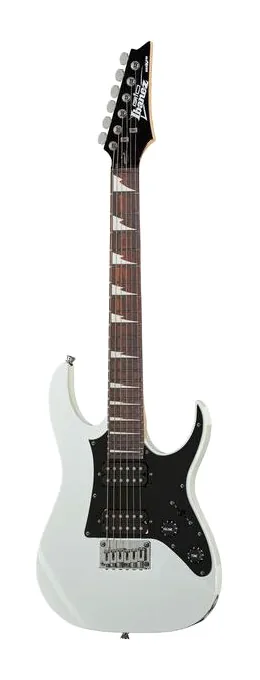 Ibanez GRGM21-WH E-Guitar Micro ujęta od przodu na neutralnym tle