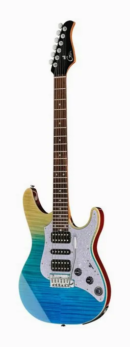 Mooer GTRS Soloist 810 Blue Burst ujęta od przodu na neutralnym tle