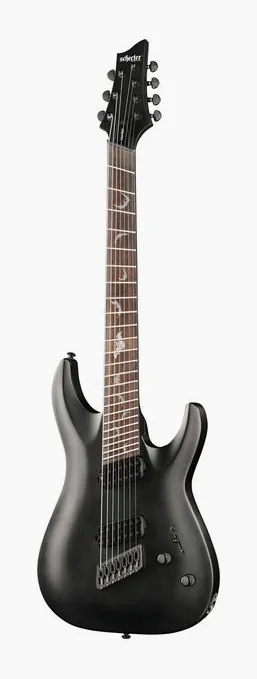 Schecter Damien 7 Multiscale SB ujęta od przodu na neutralnym tle