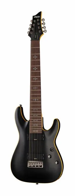 Schecter Demon-8 Aged Black Satin ujęta od przodu na neutralnym tle