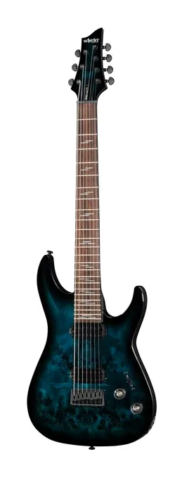 Schecter Omen Elite-7 See Blue Burst ujęta od przodu na neutralnym tle