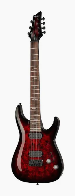 Schecter Omen Elite-7 Black Ch Burst ujęta od przodu na neutralnym tle